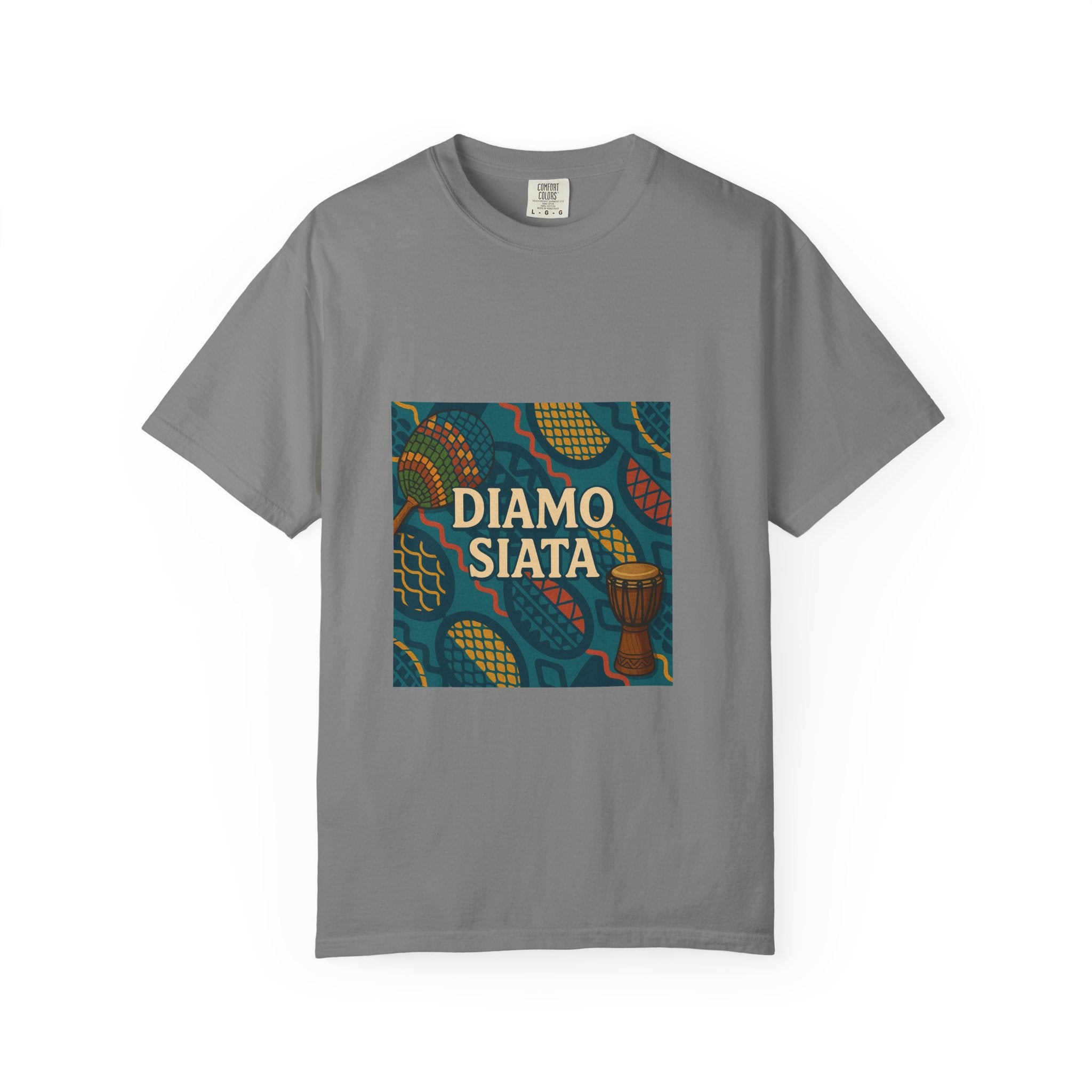 T-Shirt — 'Diamo Siata' African Print Graphic Tee (Drum Motif)