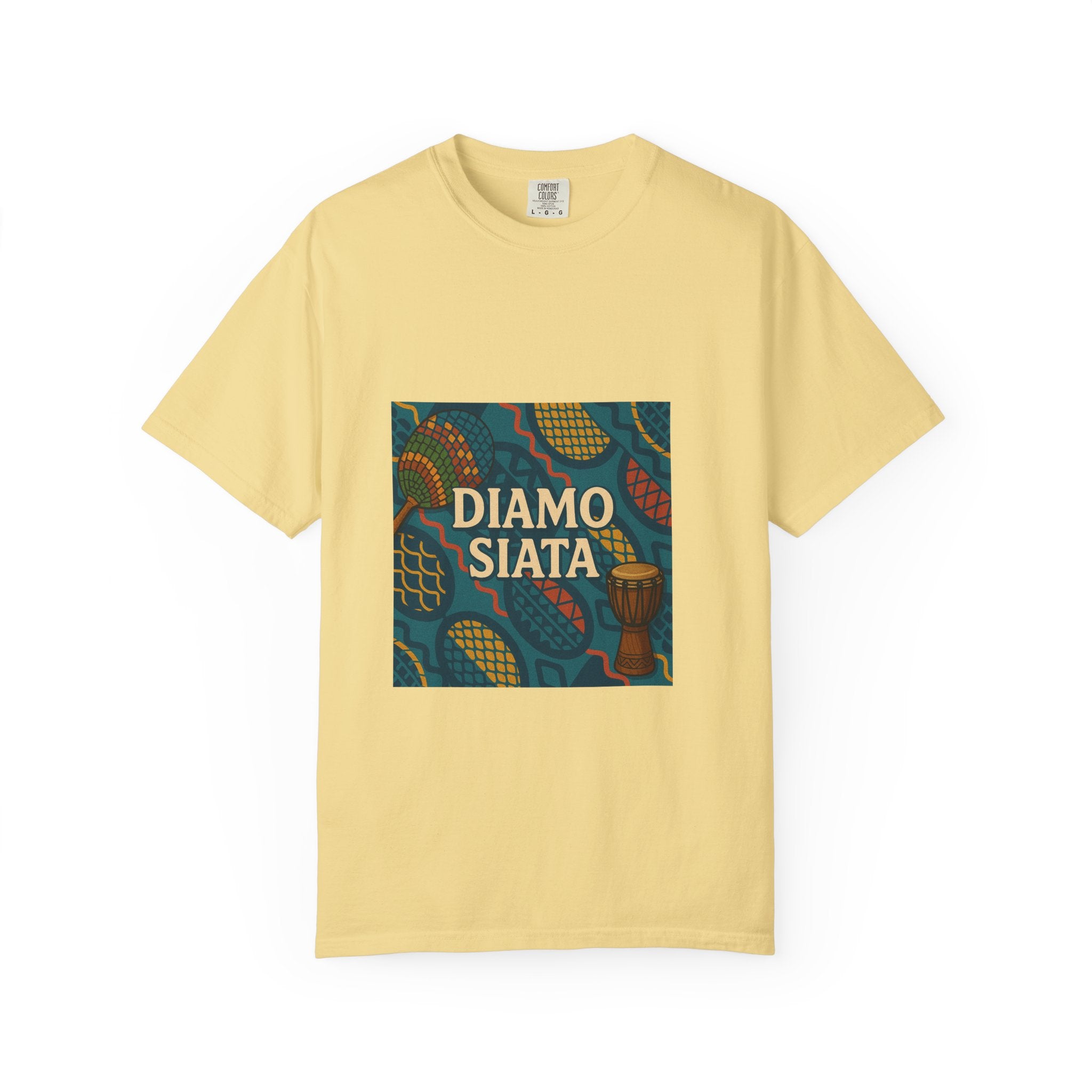 T-Shirt — 'Diamo Siata' African Print Graphic Tee (Drum Motif)