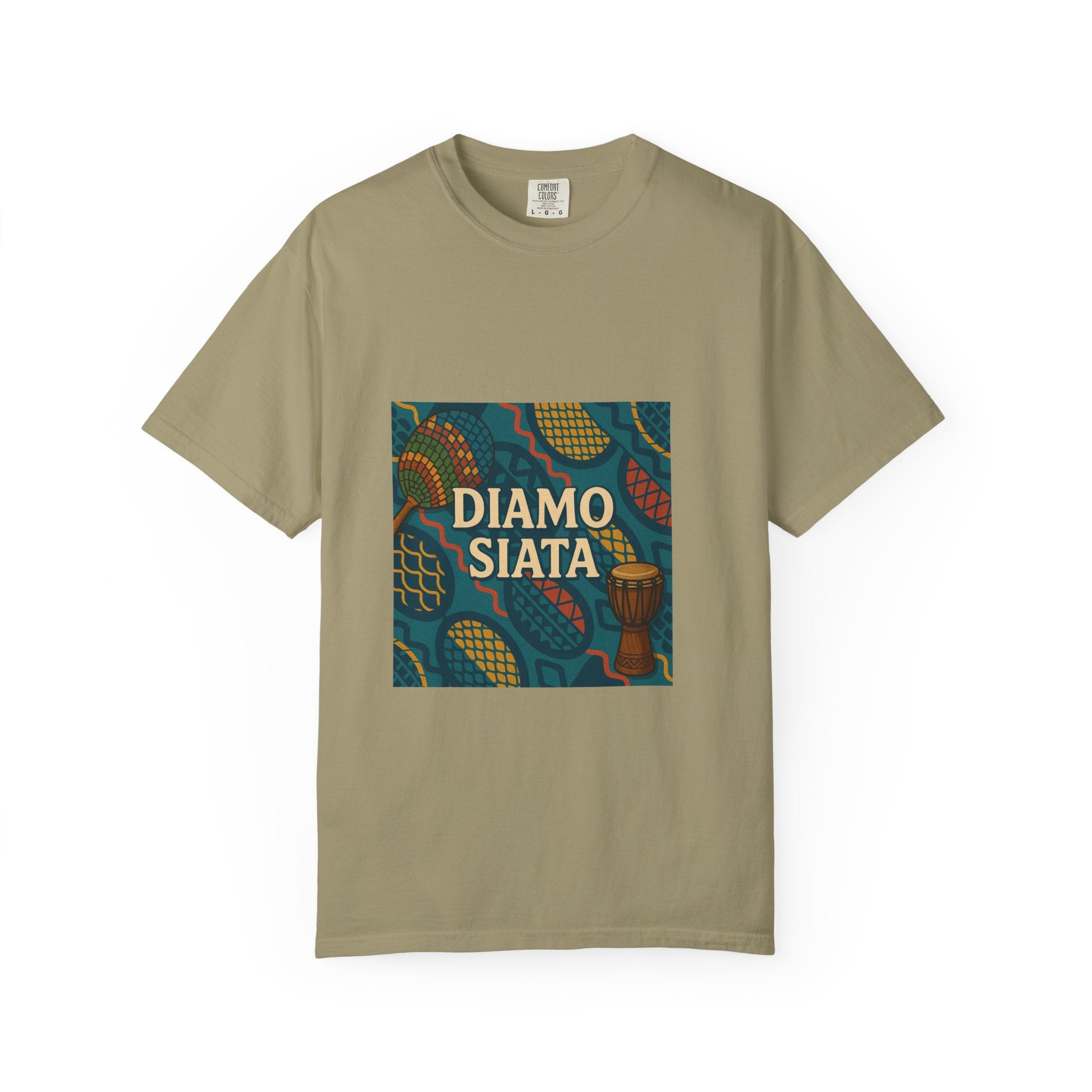 T-Shirt — 'Diamo Siata' African Print Graphic Tee (Drum Motif)