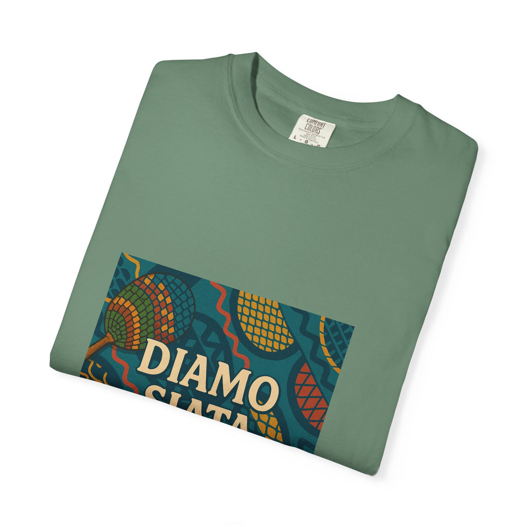 T-Shirt — 'Diamo Siata' African Print Graphic Tee (Drum Motif)