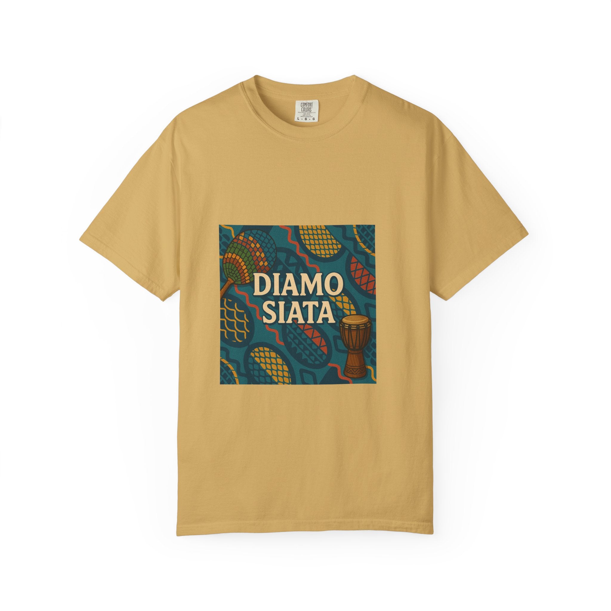 T-Shirt — 'Diamo Siata' African Print Graphic Tee (Drum Motif)