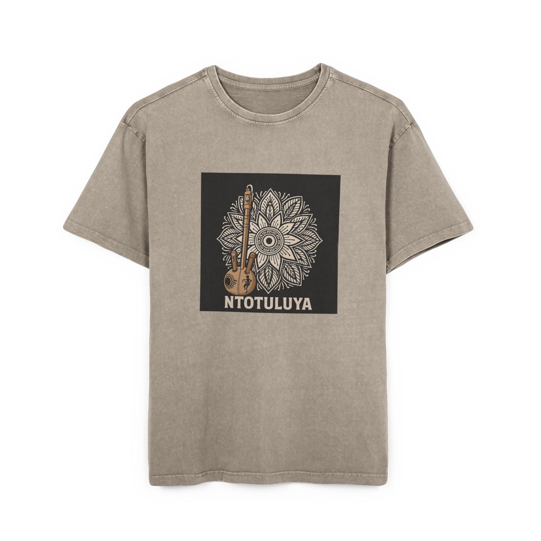 Men's Graphic Tee — Vintage Mandala & Guitar 'NTOTULUYA' Acid-Wash Oversized Shirt