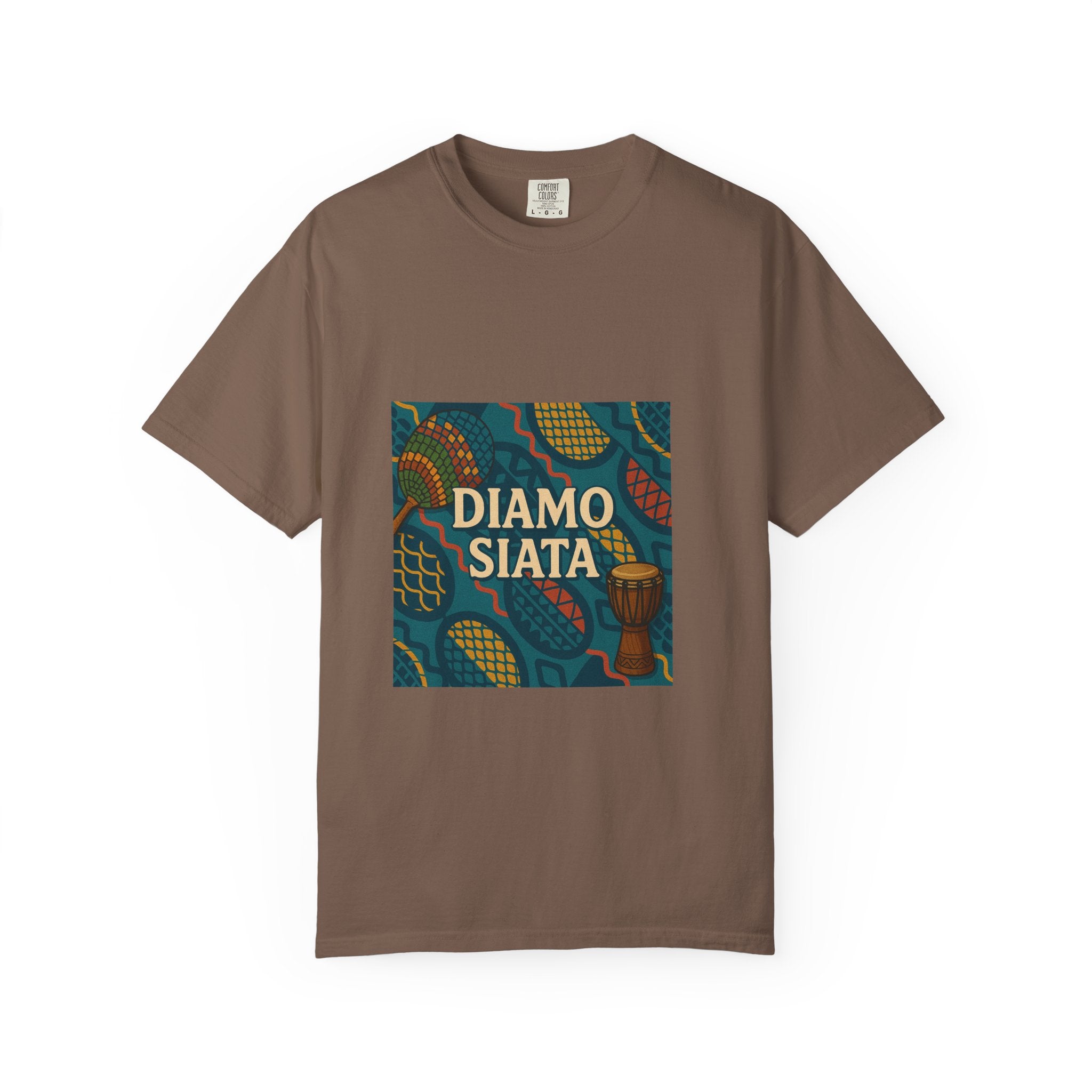 T-Shirt — 'Diamo Siata' African Print Graphic Tee (Drum Motif)