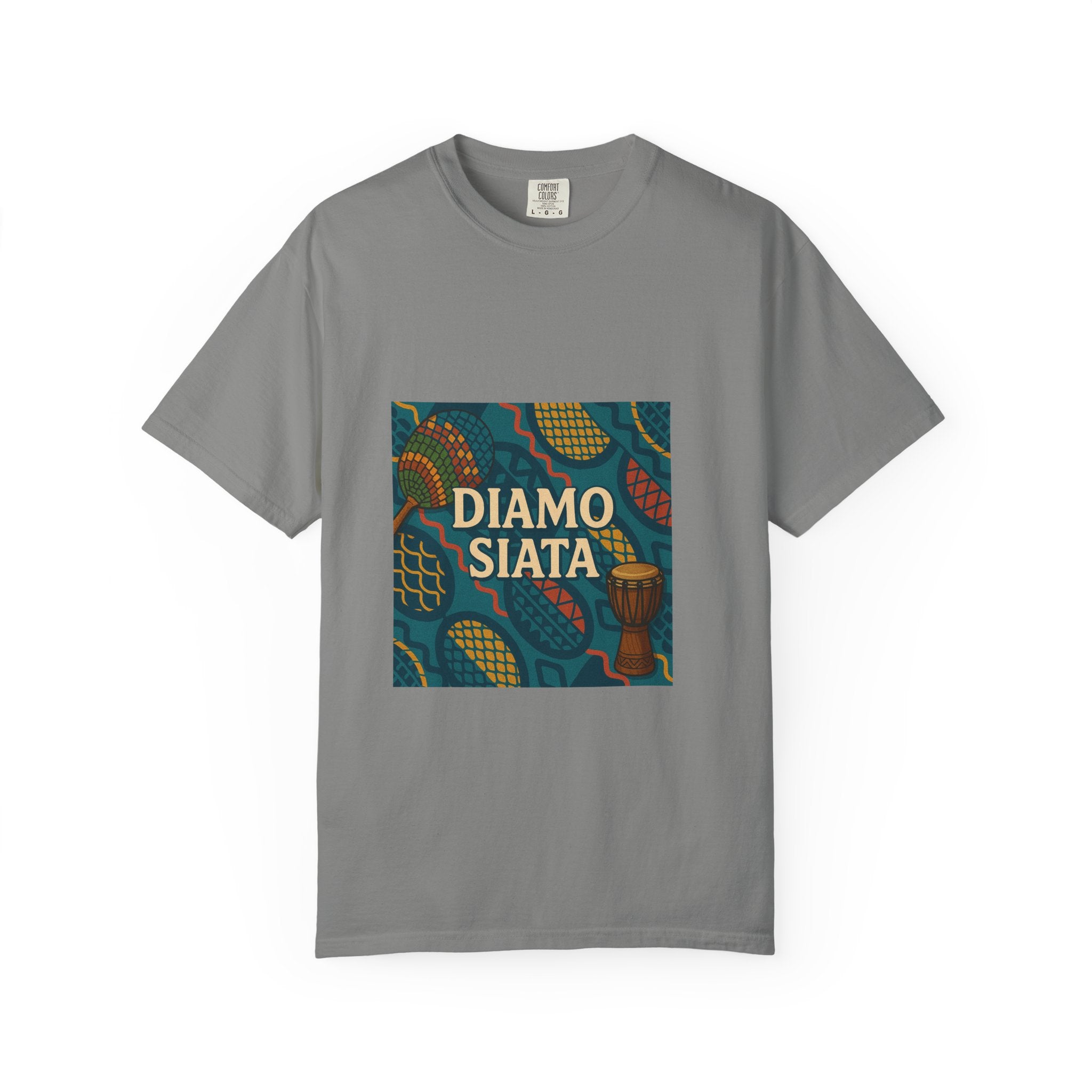 T-Shirt — 'Diamo Siata' African Print Graphic Tee (Drum Motif)