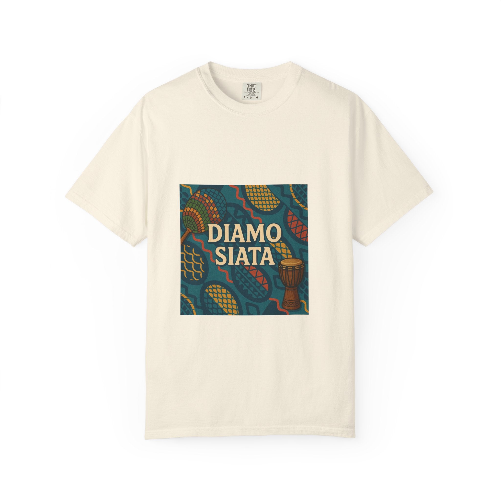 T-Shirt — 'Diamo Siata' African Print Graphic Tee (Drum Motif)