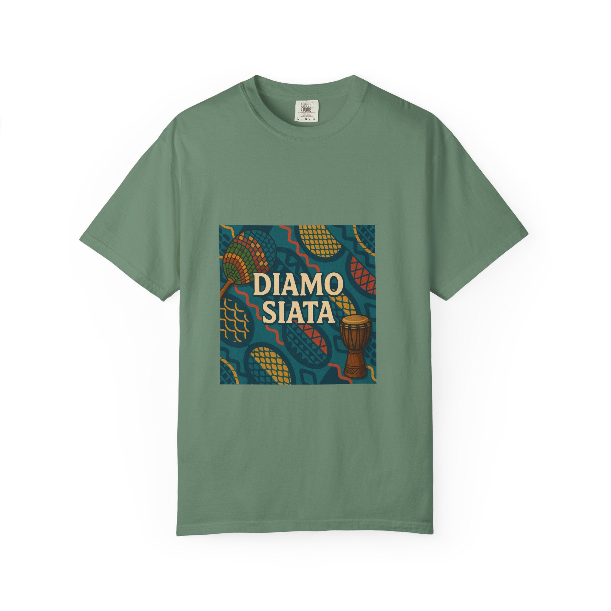 T-Shirt — 'Diamo Siata' African Print Graphic Tee (Drum Motif)