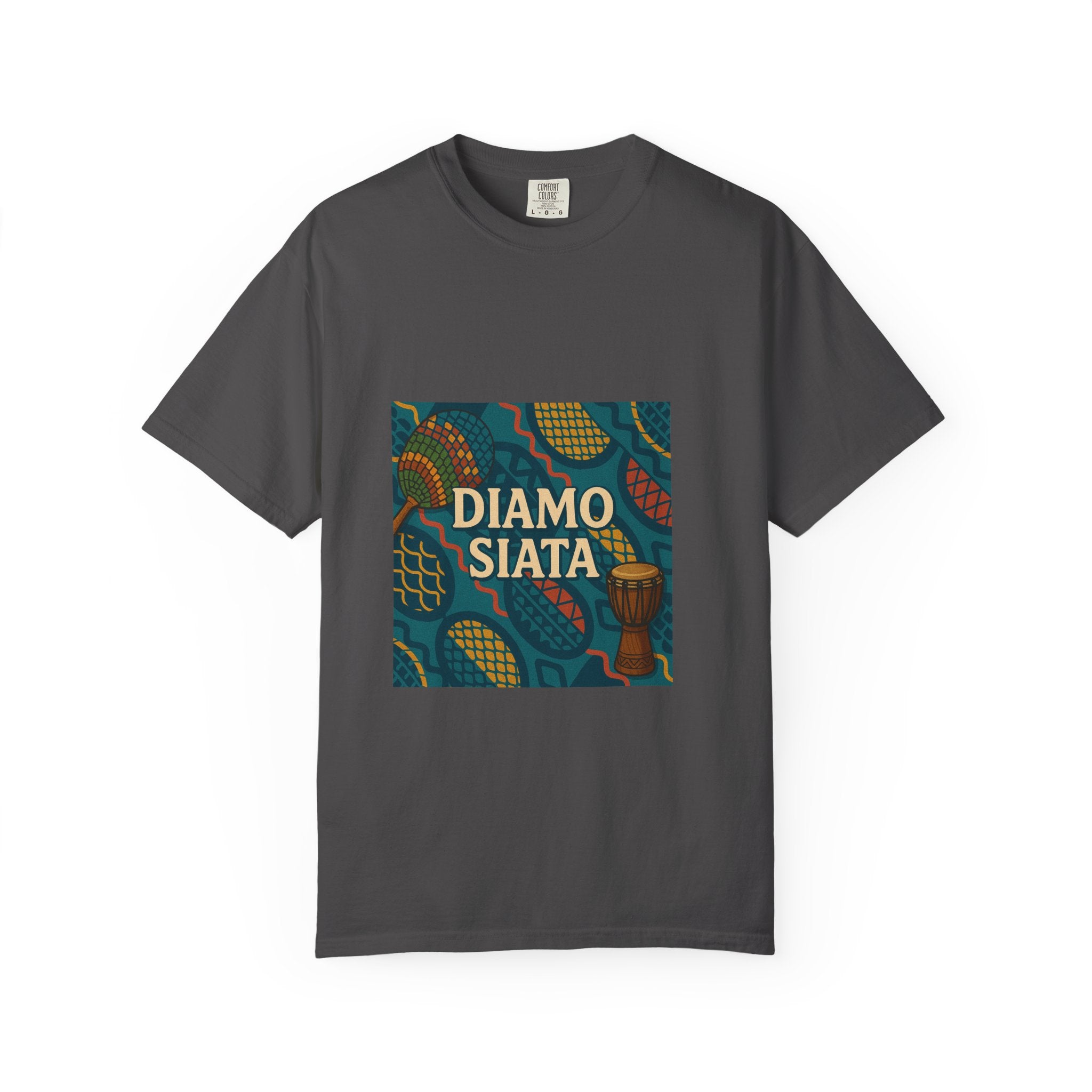 T-Shirt — 'Diamo Siata' African Print Graphic Tee (Drum Motif)