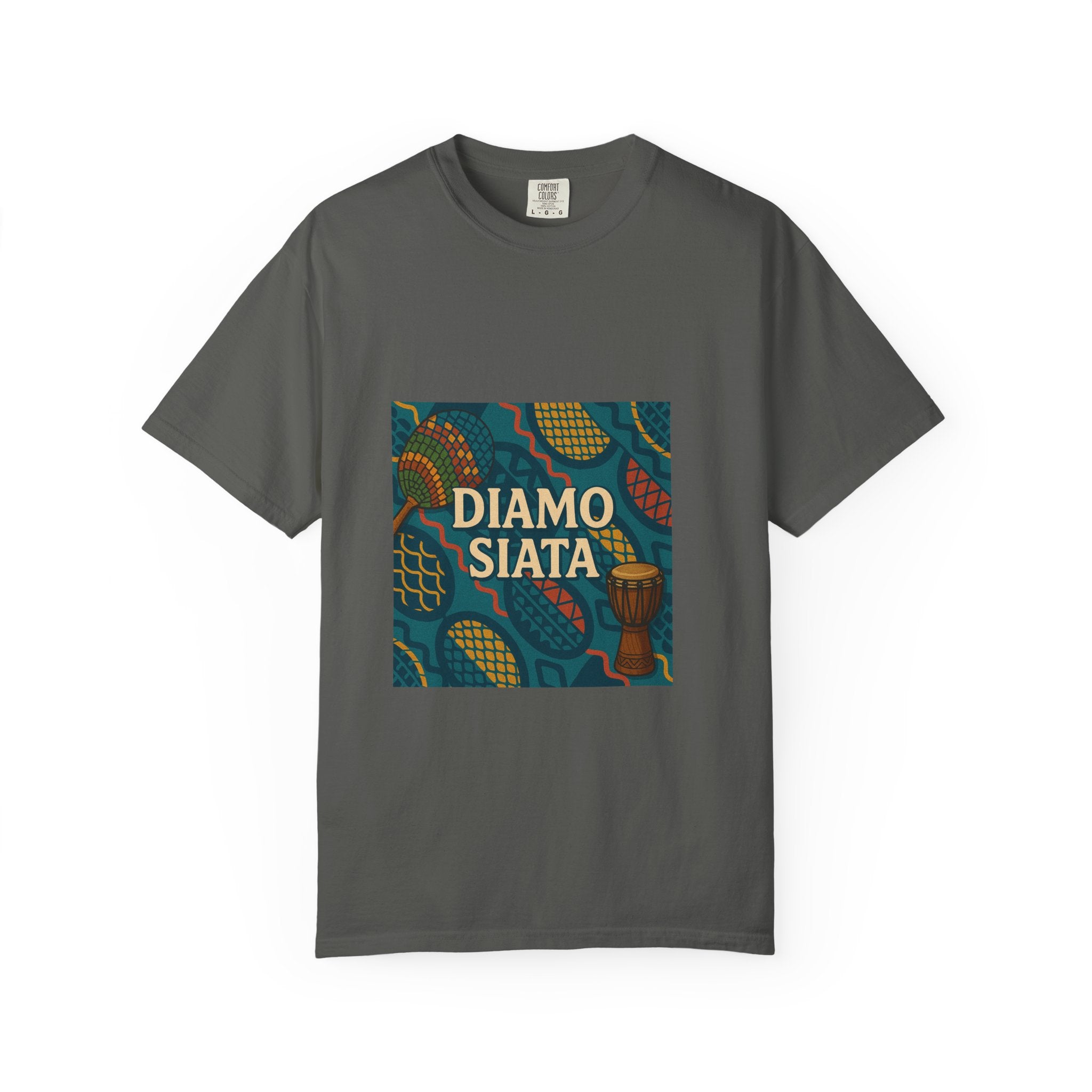 T-Shirt — 'Diamo Siata' African Print Graphic Tee (Drum Motif)
