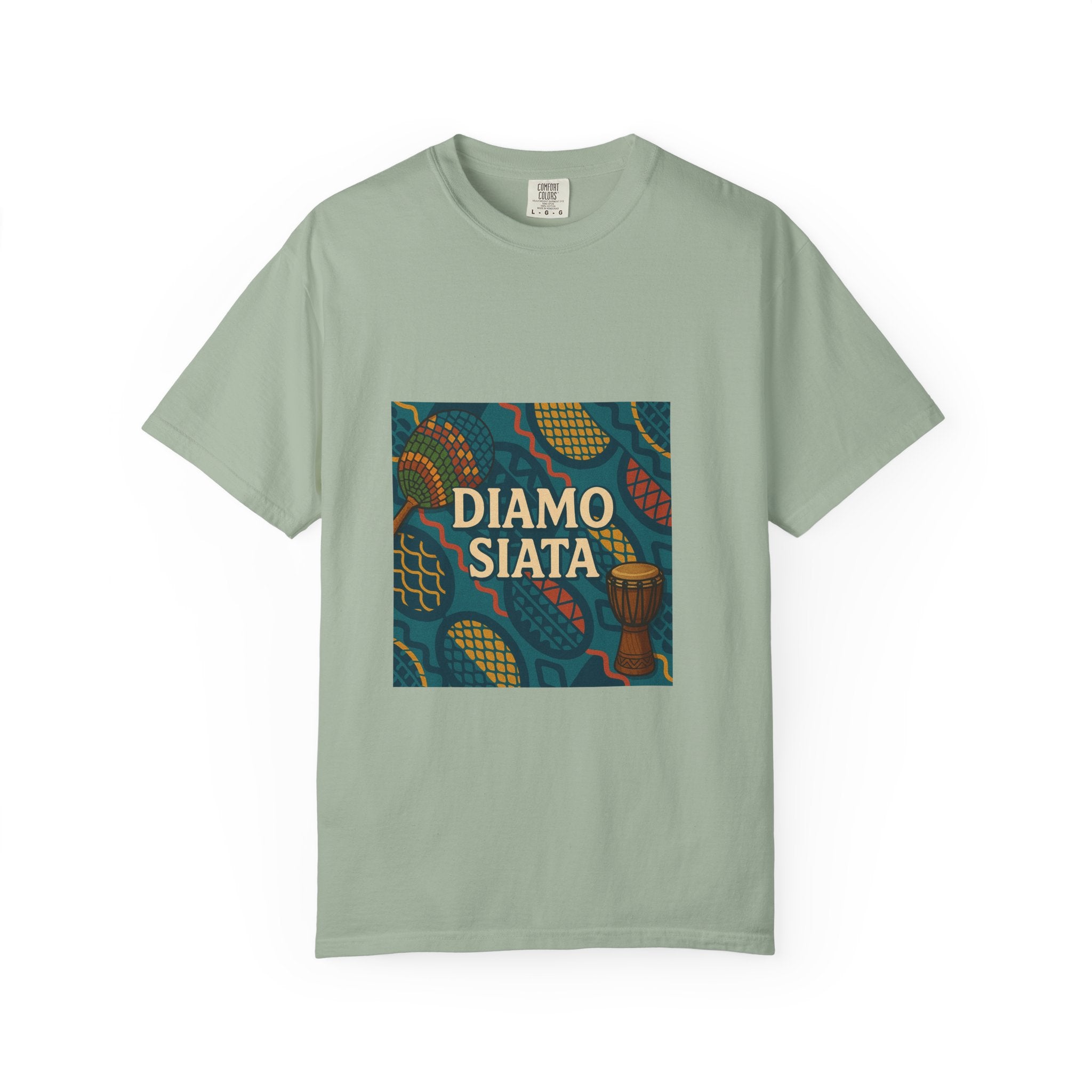 T-Shirt — 'Diamo Siata' African Print Graphic Tee (Drum Motif)