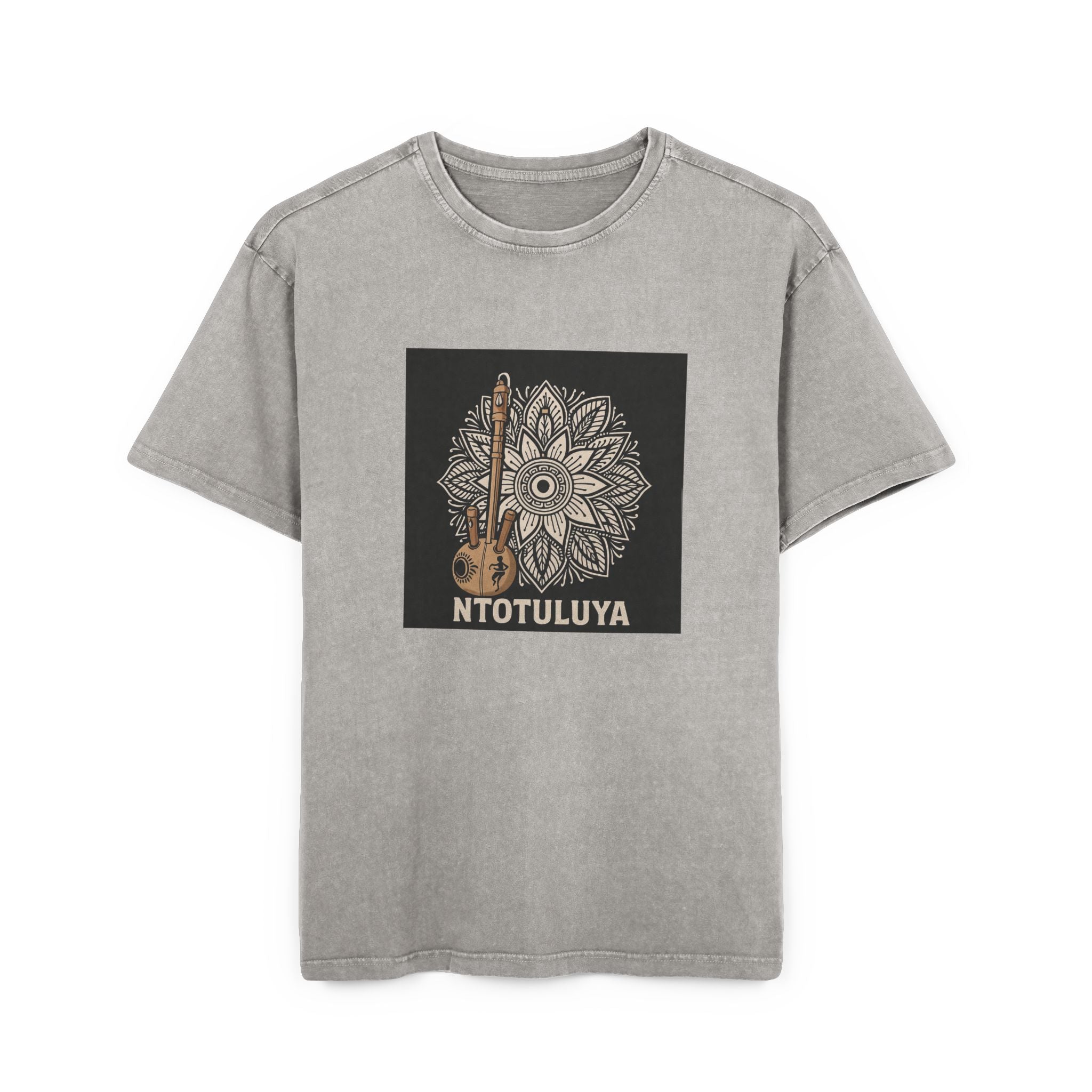 Men's Graphic Tee — Vintage Mandala & Guitar 'NTOTULUYA' Acid-Wash Oversized Shirt