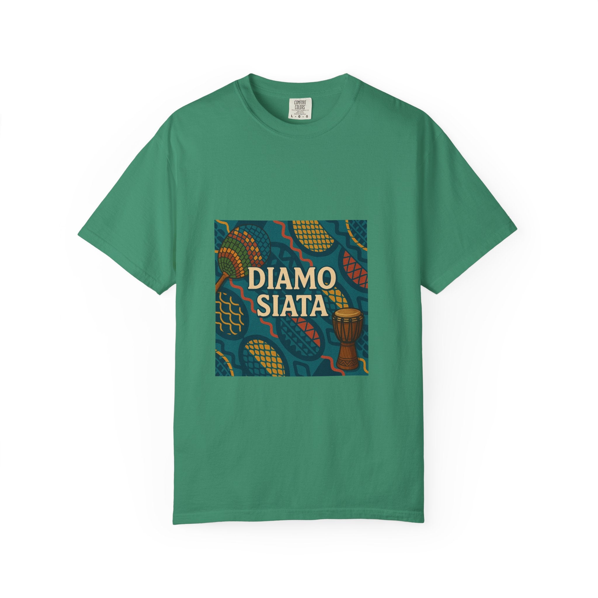T-Shirt — 'Diamo Siata' African Print Graphic Tee (Drum Motif)