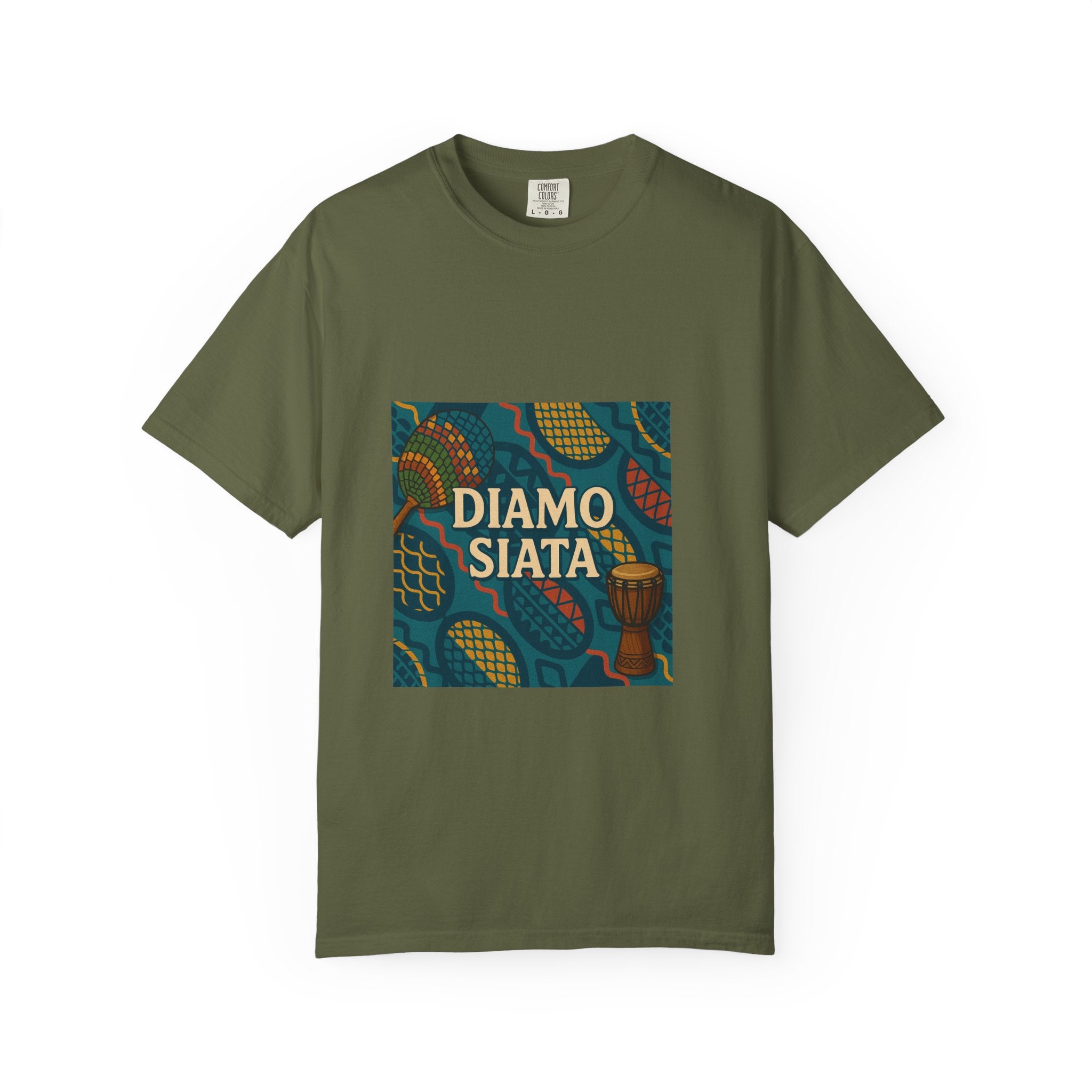 T-Shirt — 'Diamo Siata' African Print Graphic Tee (Drum Motif)