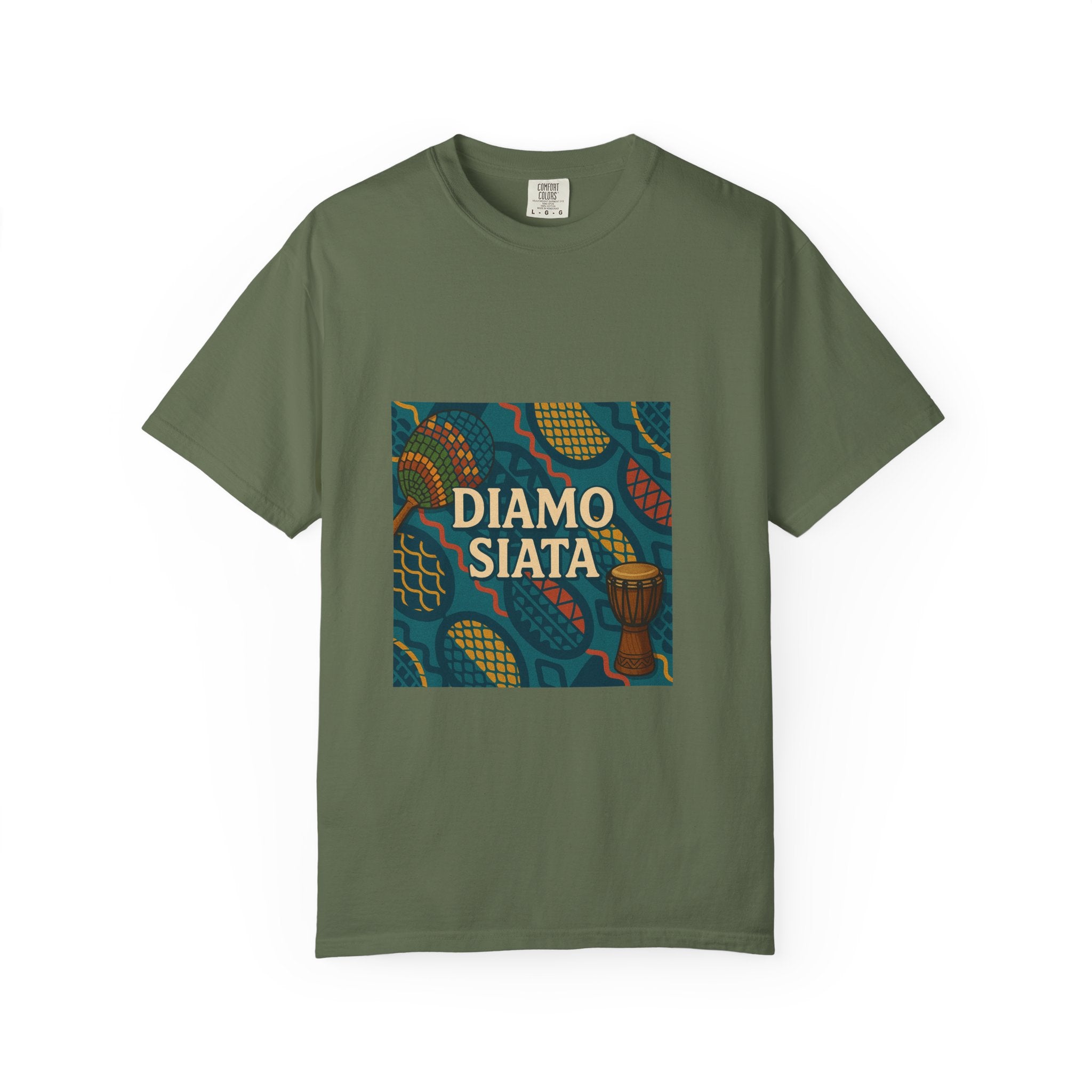 T-Shirt — 'Diamo Siata' African Print Graphic Tee (Drum Motif)